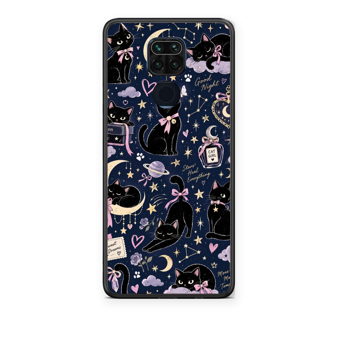 Θήκη Xiaomi Redmi Note 9 Celestial Black Cats on Navy από τη Smartfits με σχέδιο στο πίσω μέρος και μαύρο περίβλημα | Xiaomi Redmi Note 9 Celestial Black Cats on Navy case with colorful back and black bezels