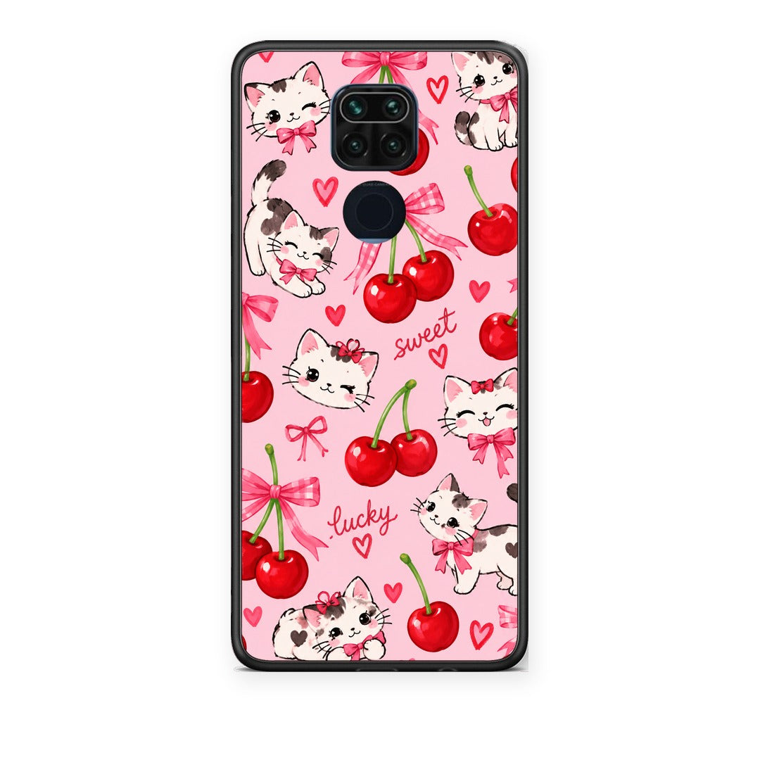 Θήκη Xiaomi Redmi Note 9 Cherries Bows and Kittens on Pink από τη Smartfits με σχέδιο στο πίσω μέρος και μαύρο περίβλημα | Xiaomi Redmi Note 9 Cherries Bows and Kittens on Pink case with colorful back and black bezels