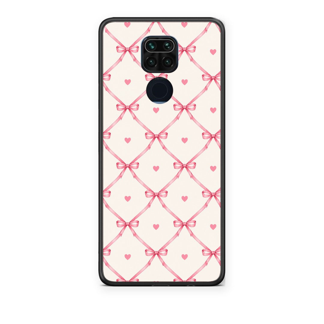 Θήκη Xiaomi Redmi Note 9 Pink Bow Lattice and Hearts on Cream από τη Smartfits με σχέδιο στο πίσω μέρος και μαύρο περίβλημα | Xiaomi Redmi Note 9 Pink Bow Lattice and Hearts on Cream case with colorful back and black bezels