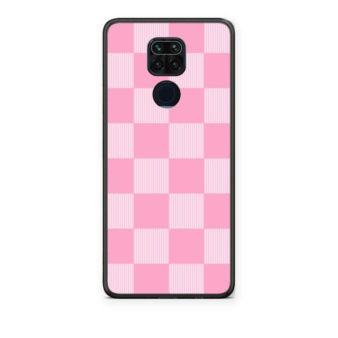 Θήκη Xiaomi Redmi Note 9 Pink and White Striped Checks από τη Smartfits με σχέδιο στο πίσω μέρος και μαύρο περίβλημα | Xiaomi Redmi Note 9 Pink and White Striped Checks case with colorful back and black bezels