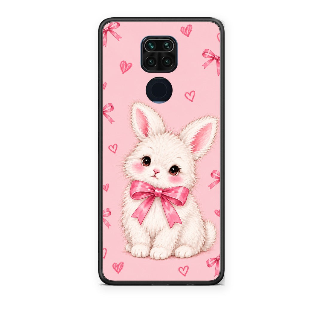 Θήκη Xiaomi Redmi Note 9 White Bunny and Pink Bows από τη Smartfits με σχέδιο στο πίσω μέρος και μαύρο περίβλημα | Xiaomi Redmi Note 9 White Bunny and Pink Bows case with colorful back and black bezels