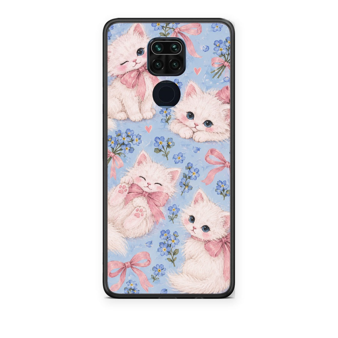 Θήκη Xiaomi Redmi Note 9 White Kittens and Blue Flowers Large από τη Smartfits με σχέδιο στο πίσω μέρος και μαύρο περίβλημα | Xiaomi Redmi Note 9 White Kittens and Blue Flowers Large case with colorful back and black bezels
