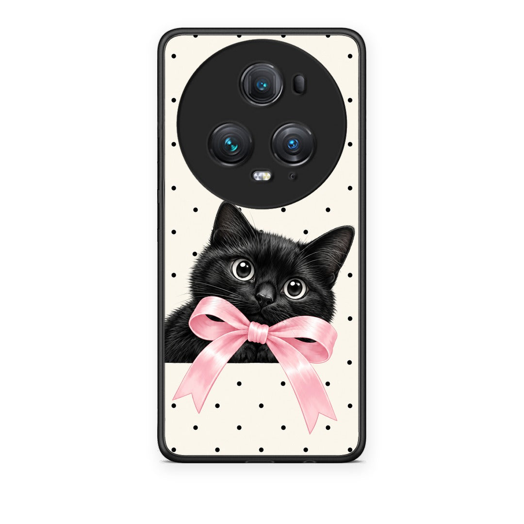 Θήκη Honor Magic5 Pro Black Kitten Pink Bow and Polka Dots από τη Smartfits με σχέδιο στο πίσω μέρος και μαύρο περίβλημα | Honor Magic5 Pro Black Kitten Pink Bow and Polka Dots case with colorful back and black bezels
