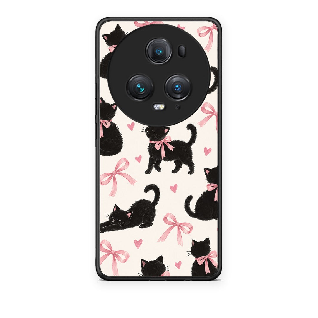 Θήκη Honor Magic5 Pro Black Kittens and Pink Bows on Cream Large από τη Smartfits με σχέδιο στο πίσω μέρος και μαύρο περίβλημα | Honor Magic5 Pro Black Kittens and Pink Bows on Cream Large case with colorful back and black bezels