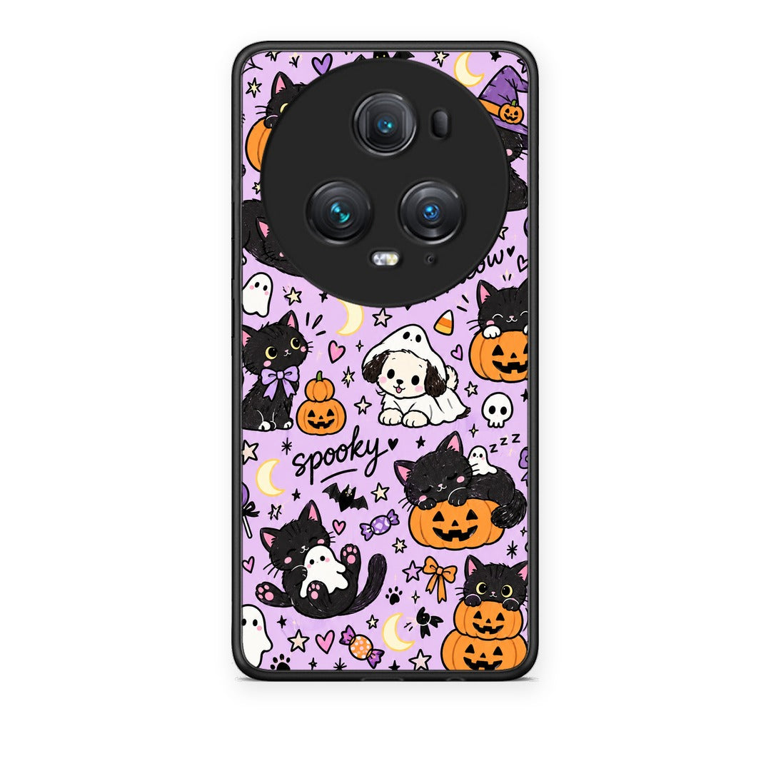 Θήκη Honor Magic5 Pro Halloween Black Cats on Lilac από τη Smartfits με σχέδιο στο πίσω μέρος και μαύρο περίβλημα | Honor Magic5 Pro Halloween Black Cats on Lilac case with colorful back and black bezels