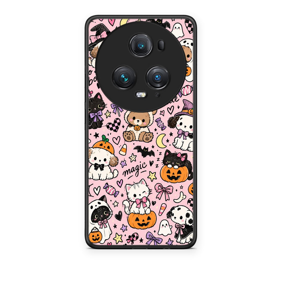 Θήκη Honor Magic5 Pro Halloween Cute Animals on Pink από τη Smartfits με σχέδιο στο πίσω μέρος και μαύρο περίβλημα | Honor Magic5 Pro Halloween Cute Animals on Pink case with colorful back and black bezels