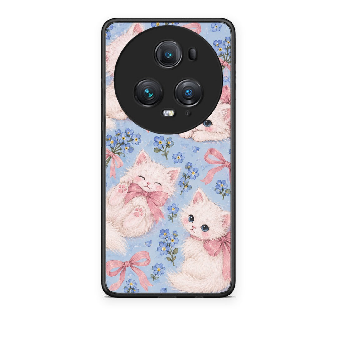 Θήκη Honor Magic5 Pro White Kittens and Blue Flowers Large από τη Smartfits με σχέδιο στο πίσω μέρος και μαύρο περίβλημα | Honor Magic5 Pro White Kittens and Blue Flowers Large case with colorful back and black bezels