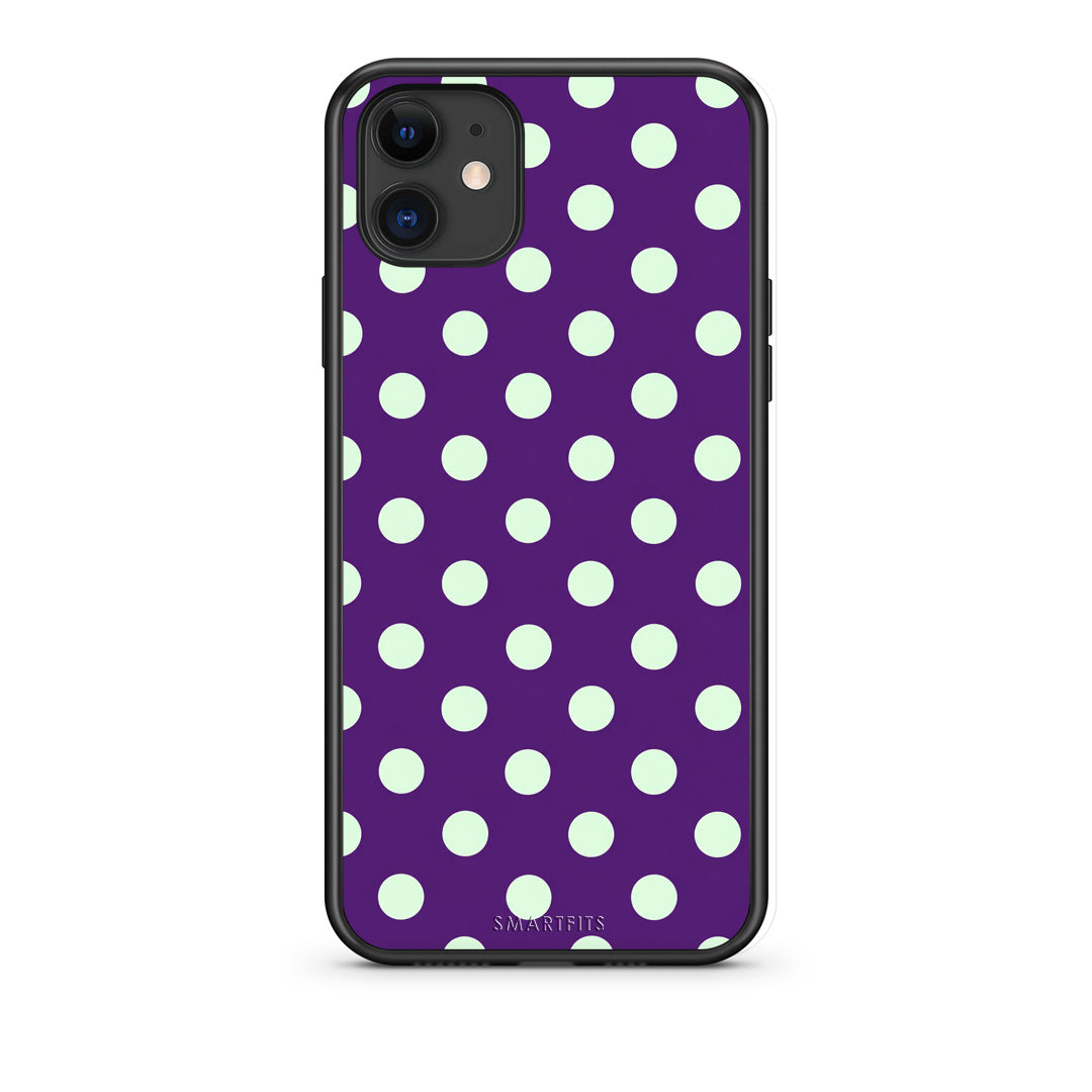 Θήκη iPhone 11 Mint Polka Dots on Purple από τη Smartfits με σχέδιο στο πίσω μέρος και μαύρο περίβλημα | iPhone 11 Mint Polka Dots on Purple case with colorful back and black bezels