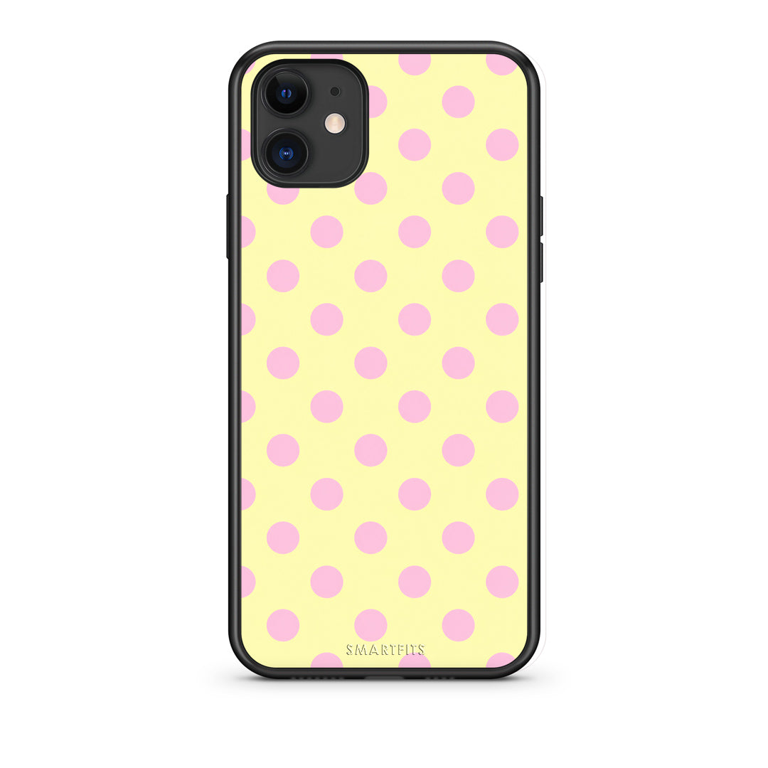 Θήκη iPhone 11 Pink Polka Dots on Yellow από τη Smartfits με σχέδιο στο πίσω μέρος και μαύρο περίβλημα | iPhone 11 Pink Polka Dots on Yellow case with colorful back and black bezels