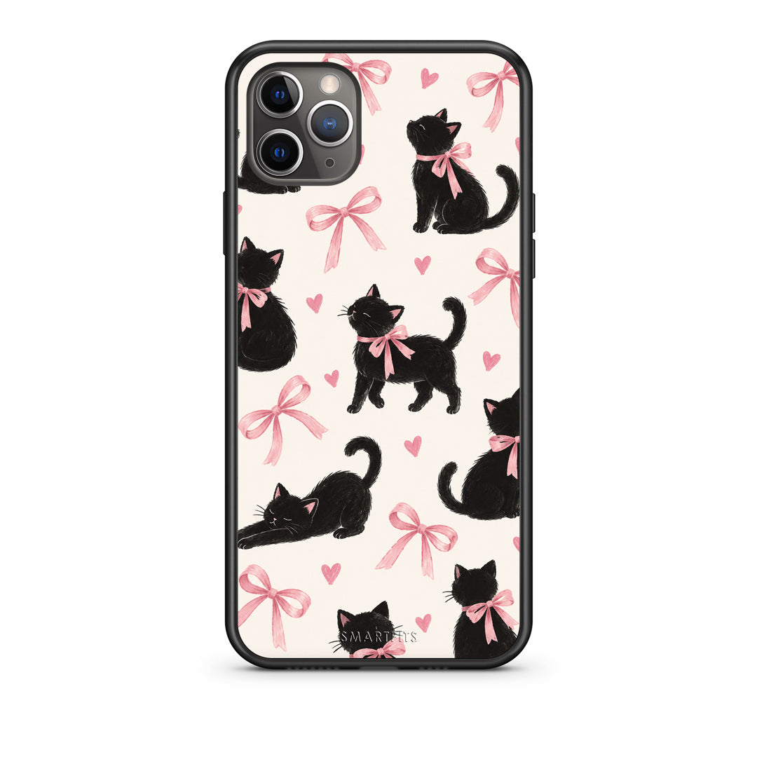 Θήκη iPhone 11 Pro Black Kittens and Pink Bows on Cream Large από τη Smartfits με σχέδιο στο πίσω μέρος και μαύρο περίβλημα | iPhone 11 Pro Black Kittens and Pink Bows on Cream Large case with colorful back and black bezels