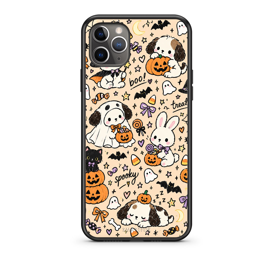 Θήκη iPhone 11 Pro Halloween Puppies and Friends on Cream από τη Smartfits με σχέδιο στο πίσω μέρος και μαύρο περίβλημα | iPhone 11 Pro Halloween Puppies and Friends on Cream case with colorful back and black bezels