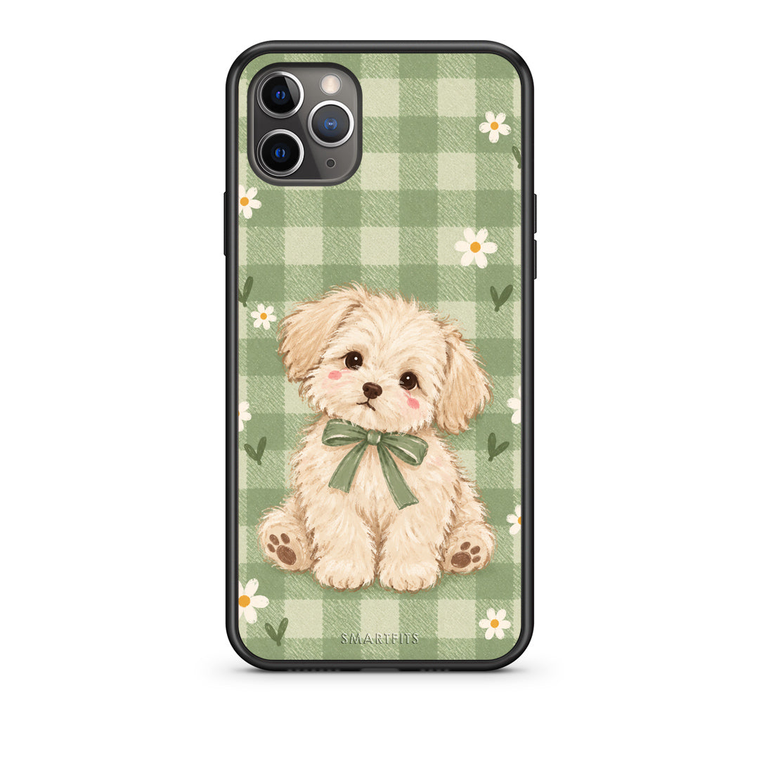 Θήκη iPhone 11 Pro Puppy and Daisies on Sage Gingham από τη Smartfits με σχέδιο στο πίσω μέρος και μαύρο περίβλημα | iPhone 11 Pro Puppy and Daisies on Sage Gingham case with colorful back and black bezels