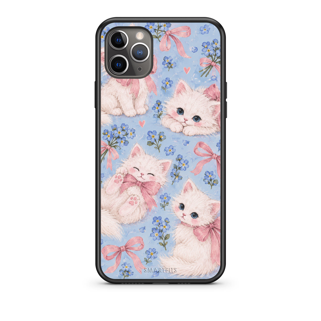 Θήκη iPhone 11 Pro White Kittens and Blue Flowers Large από τη Smartfits με σχέδιο στο πίσω μέρος και μαύρο περίβλημα | iPhone 11 Pro White Kittens and Blue Flowers Large case with colorful back and black bezels