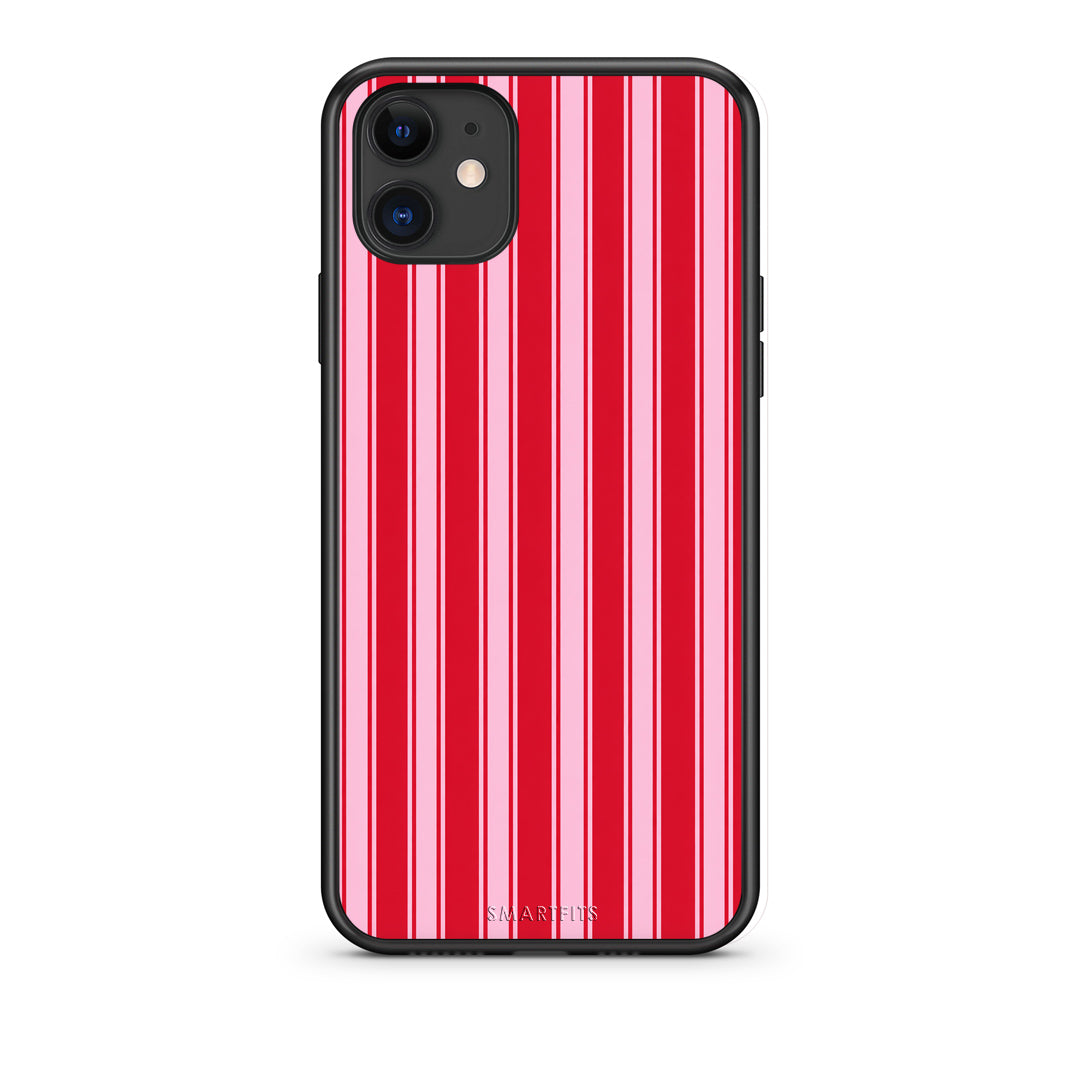 Θήκη iPhone 11 Red and Pink Vertical Pinstripes από τη Smartfits με σχέδιο στο πίσω μέρος και μαύρο περίβλημα | iPhone 11 Red and Pink Vertical Pinstripes case with colorful back and black bezels