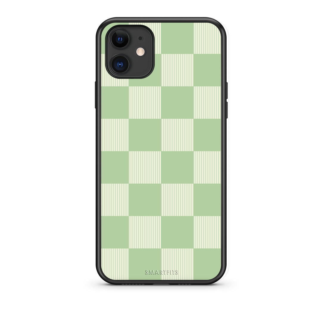 Θήκη iPhone 11 Sage and Cream Striped Checks από τη Smartfits με σχέδιο στο πίσω μέρος και μαύρο περίβλημα | iPhone 11 Sage and Cream Striped Checks case with colorful back and black bezels