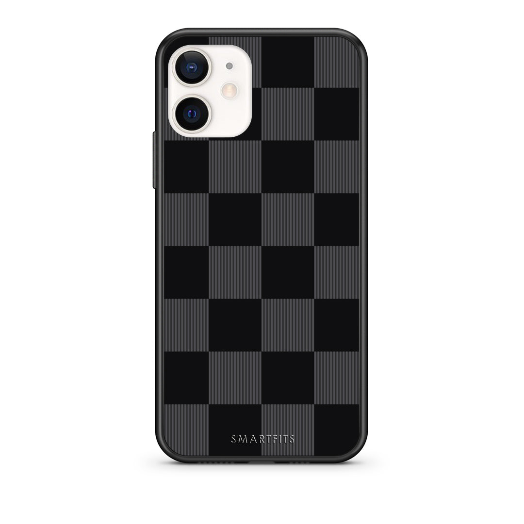 Θήκη iPhone 12 Mini Black and Charcoal Striped Checks από τη Smartfits με σχέδιο στο πίσω μέρος και μαύρο περίβλημα | iPhone 12 Mini Black and Charcoal Striped Checks case with colorful back and black bezels