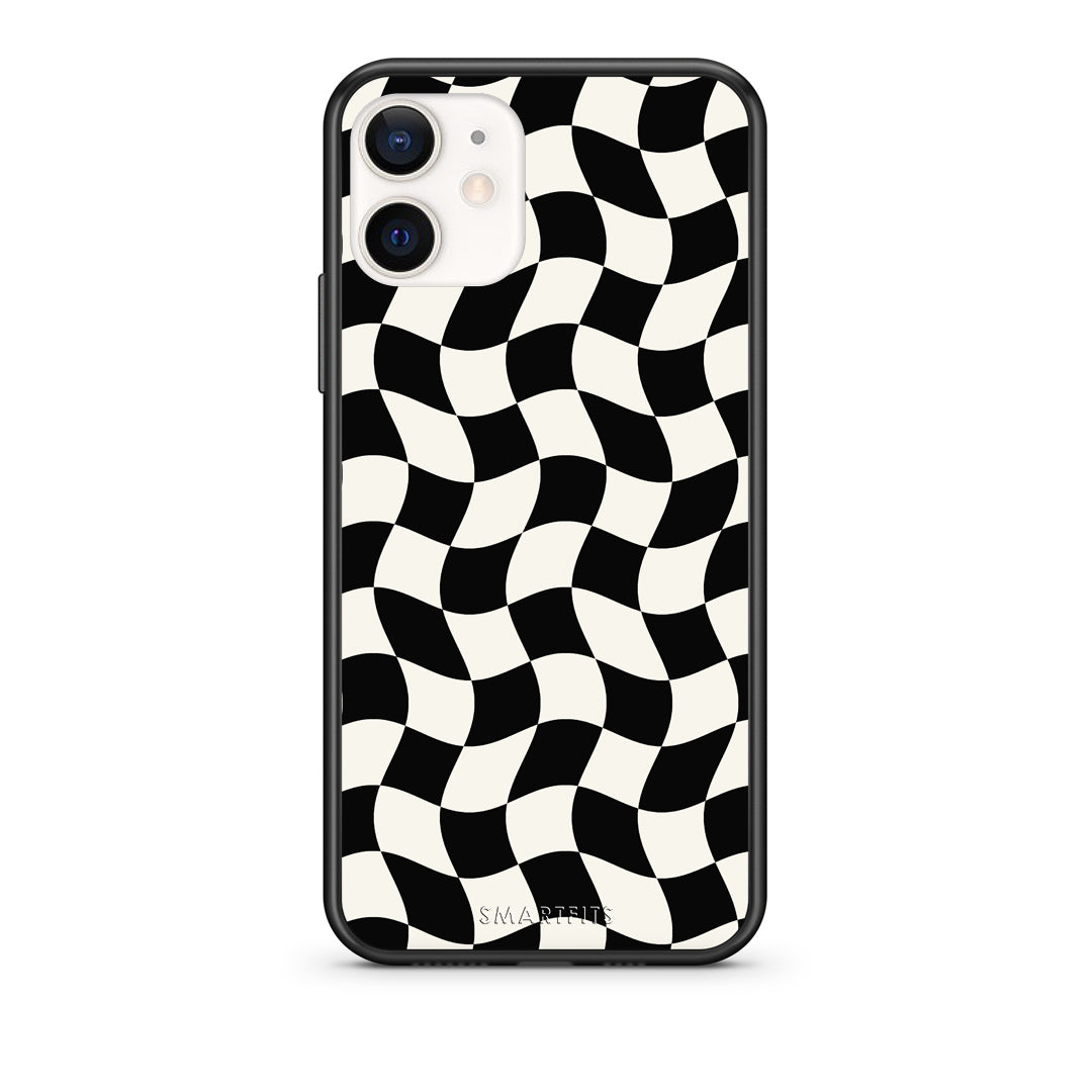 Θήκη iPhone 12 Mini Black and Cream Wavy Checkerboard από τη Smartfits με σχέδιο στο πίσω μέρος και μαύρο περίβλημα | iPhone 12 Mini Black and Cream Wavy Checkerboard case with colorful back and black bezels