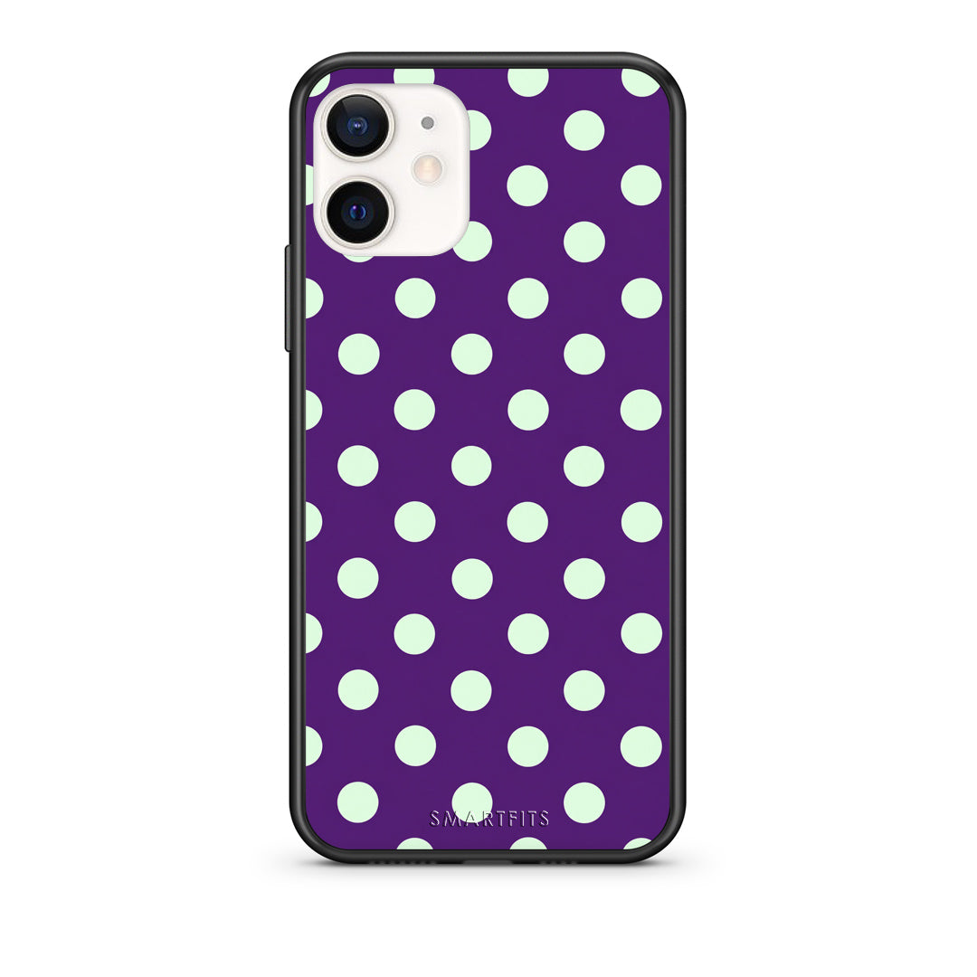 Θήκη iPhone 12 Mini Mint Polka Dots on Purple από τη Smartfits με σχέδιο στο πίσω μέρος και μαύρο περίβλημα | iPhone 12 Mini Mint Polka Dots on Purple case with colorful back and black bezels