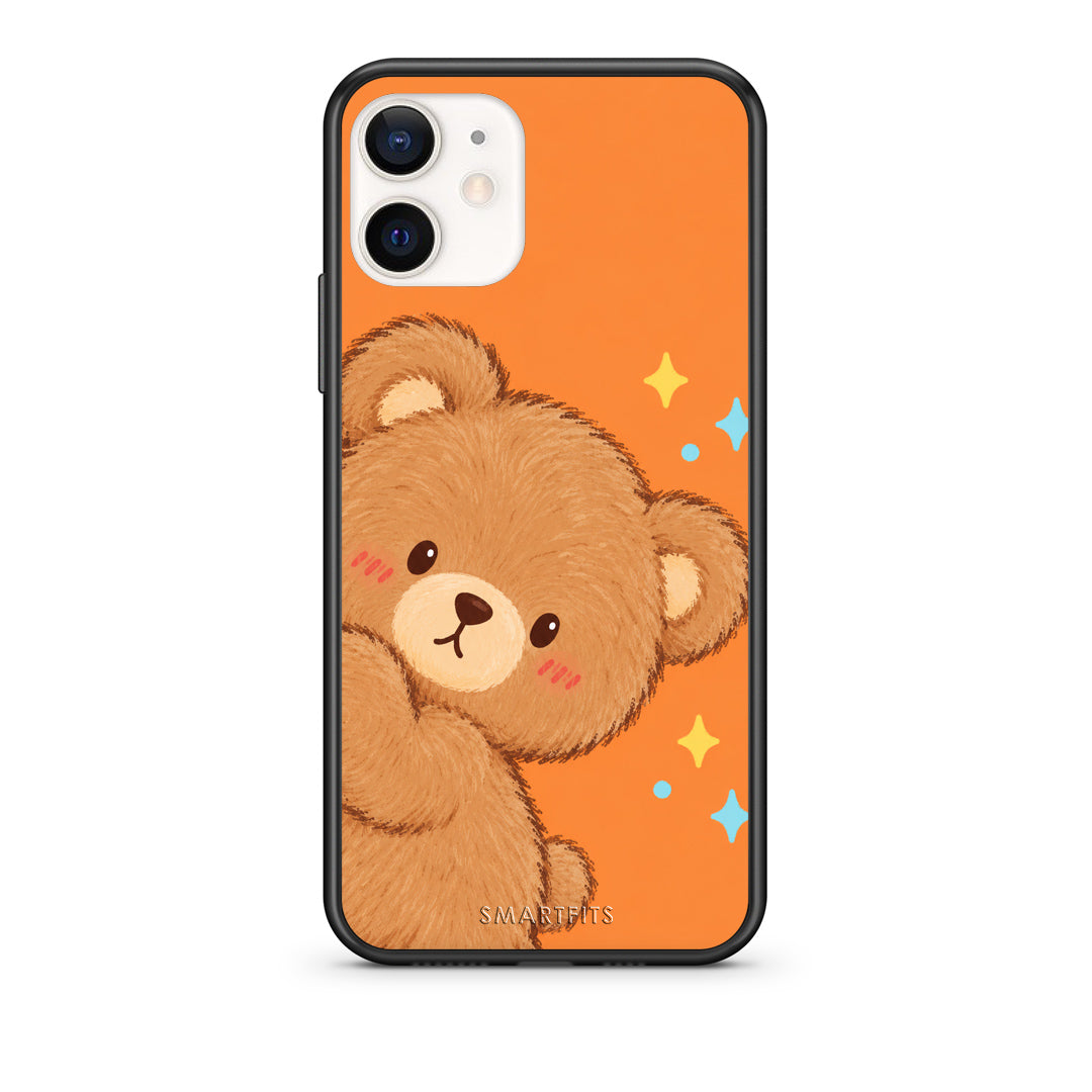 Θήκη iPhone 12 Mini Peekaboo Teddy on Orange από τη Smartfits με σχέδιο στο πίσω μέρος και μαύρο περίβλημα | iPhone 12 Mini Peekaboo Teddy on Orange case with colorful back and black bezels