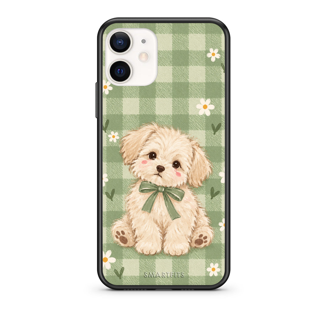 Θήκη iPhone 12 Mini Puppy and Daisies on Sage Gingham από τη Smartfits με σχέδιο στο πίσω μέρος και μαύρο περίβλημα | iPhone 12 Mini Puppy and Daisies on Sage Gingham case with colorful back and black bezels