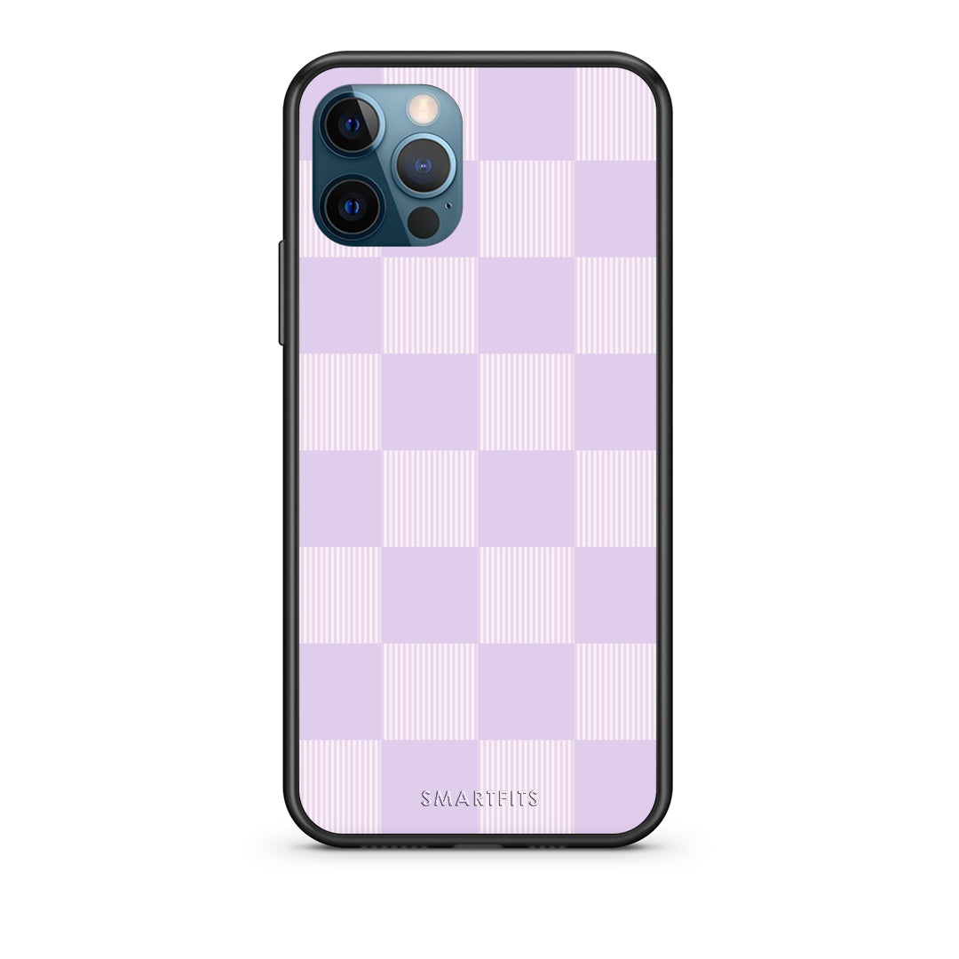 Θήκη iPhone 12 Pro Max Lilac and Cream Striped Checks από τη Smartfits με σχέδιο στο πίσω μέρος και μαύρο περίβλημα | iPhone 12 Pro Max Lilac and Cream Striped Checks case with colorful back and black bezels