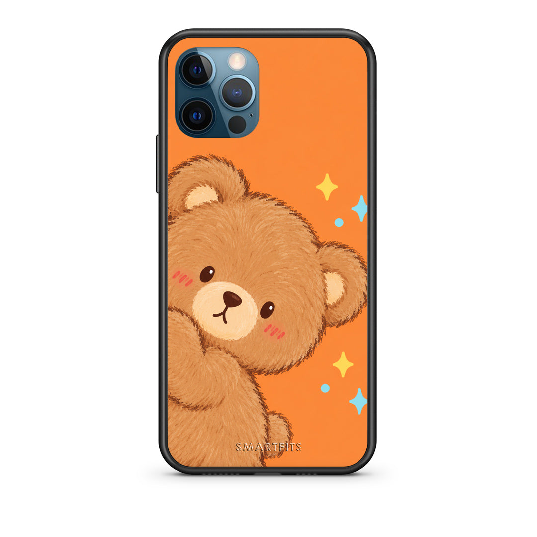 Θήκη iPhone 12 Pro Max Peekaboo Teddy on Orange από τη Smartfits με σχέδιο στο πίσω μέρος και μαύρο περίβλημα | iPhone 12 Pro Max Peekaboo Teddy on Orange case with colorful back and black bezels