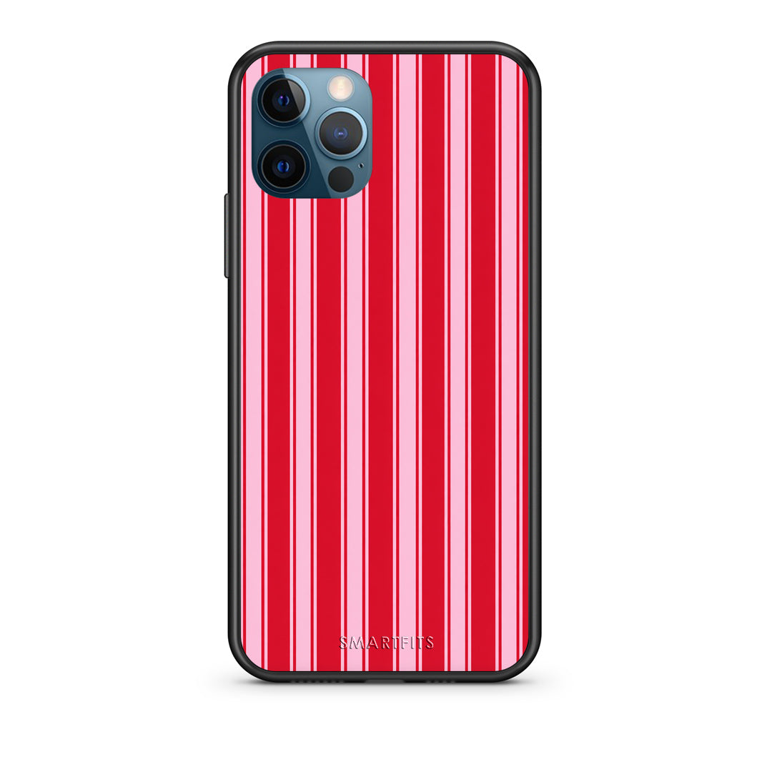 Θήκη iPhone 12 Pro Max Red and Pink Vertical Pinstripes από τη Smartfits με σχέδιο στο πίσω μέρος και μαύρο περίβλημα | iPhone 12 Pro Max Red and Pink Vertical Pinstripes case with colorful back and black bezels