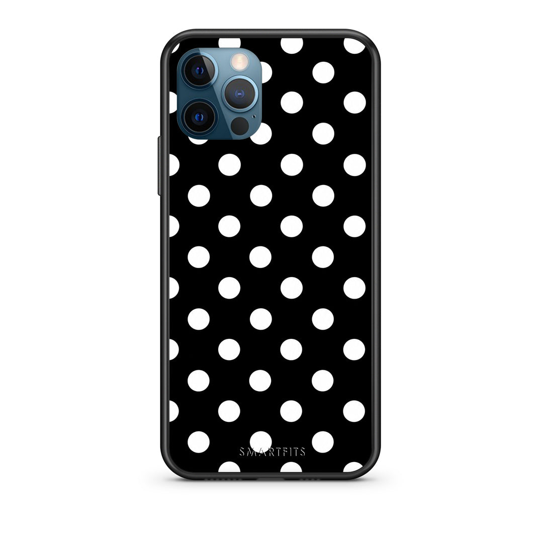 Θήκη iPhone 12 Pro Max White Polka Dots on Black από τη Smartfits με σχέδιο στο πίσω μέρος και μαύρο περίβλημα | iPhone 12 Pro Max White Polka Dots on Black case with colorful back and black bezels