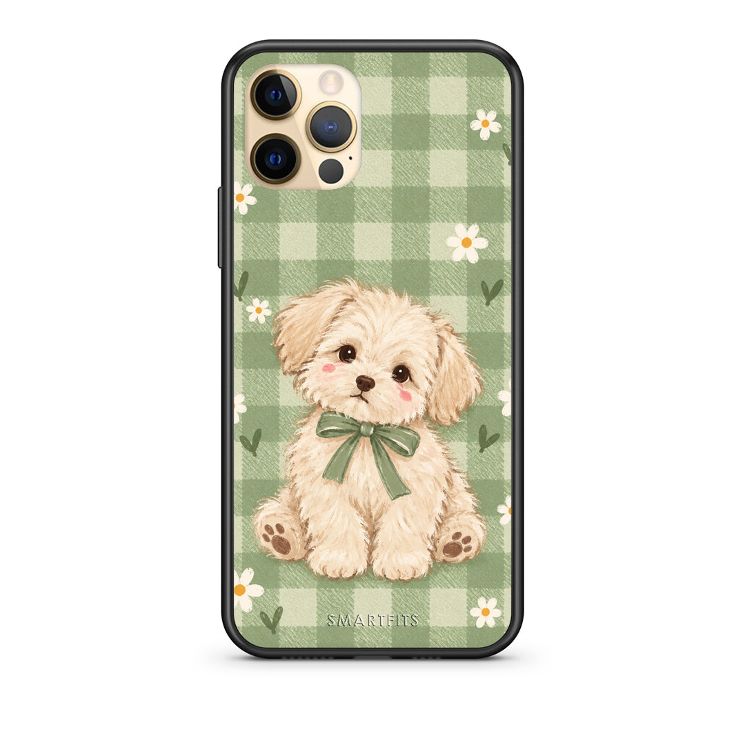 Θήκη iPhone 12 Pro Puppy and Daisies on Sage Gingham από τη Smartfits με σχέδιο στο πίσω μέρος και μαύρο περίβλημα | iPhone 12 Pro Puppy and Daisies on Sage Gingham case with colorful back and black bezels