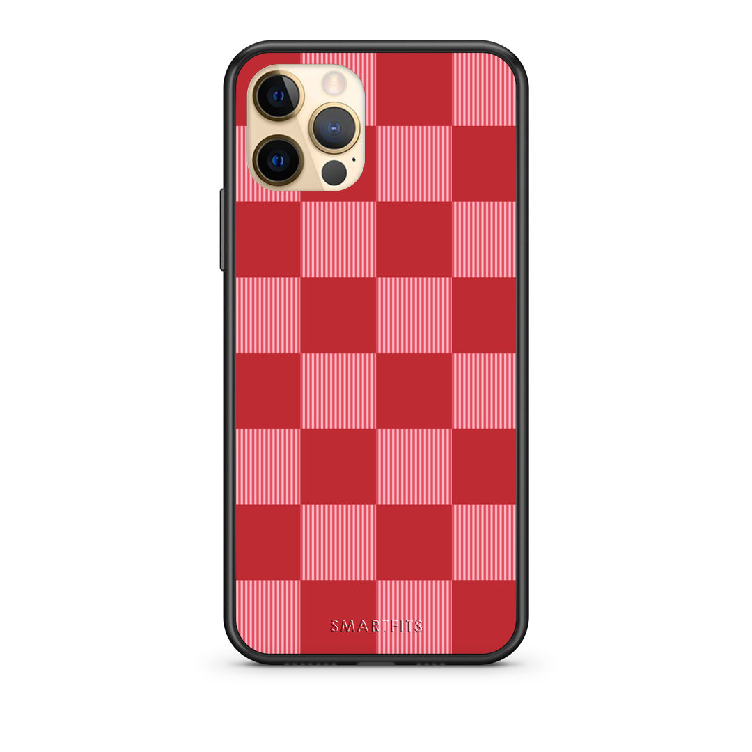 Θήκη iPhone 12 Pro Red and Pink Striped Checks από τη Smartfits με σχέδιο στο πίσω μέρος και μαύρο περίβλημα | iPhone 12 Pro Red and Pink Striped Checks case with colorful back and black bezels