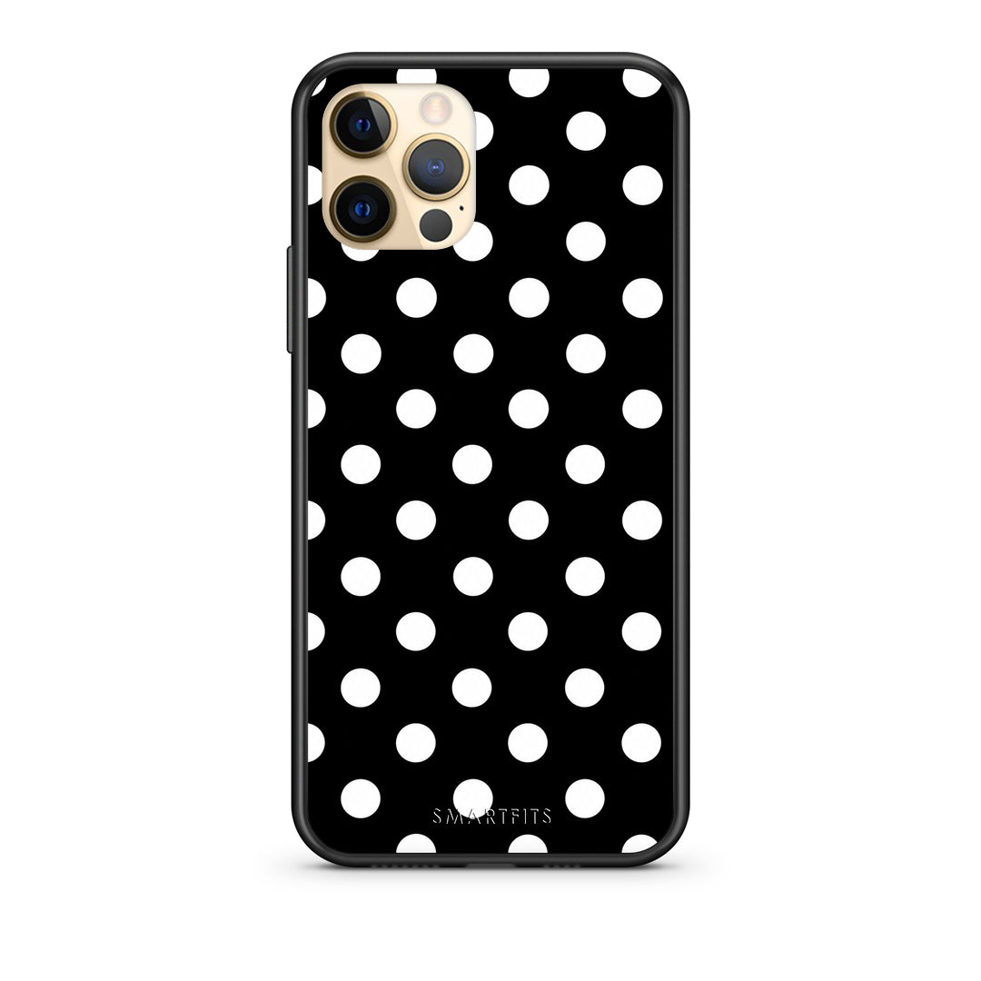 Θήκη iPhone 12 Pro White Polka Dots on Black από τη Smartfits με σχέδιο στο πίσω μέρος και μαύρο περίβλημα | iPhone 12 Pro White Polka Dots on Black case with colorful back and black bezels