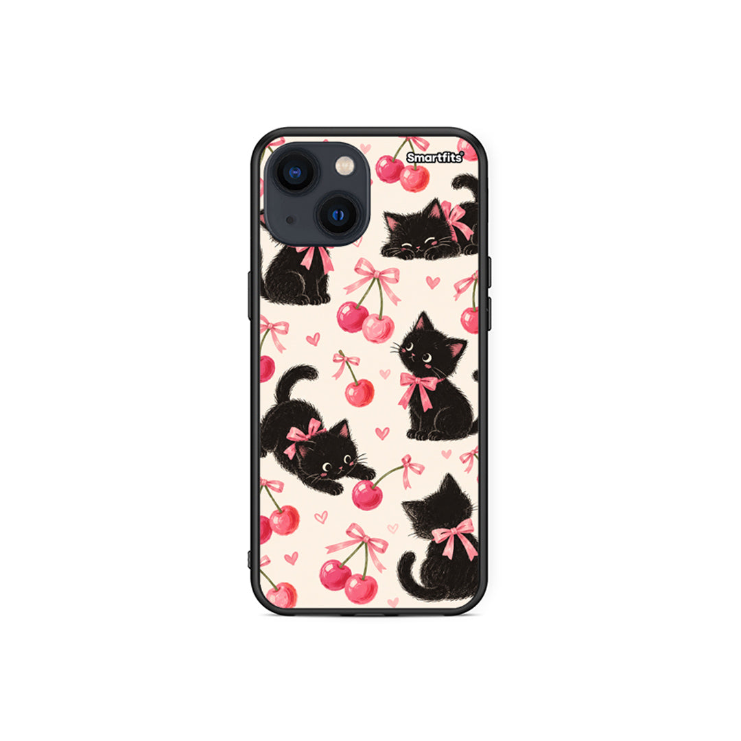 Θήκη iPhone 13 Mini Black Kittens and Cherries on Cream από τη Smartfits με σχέδιο στο πίσω μέρος και μαύρο περίβλημα | iPhone 13 Mini Black Kittens and Cherries on Cream case with colorful back and black bezels