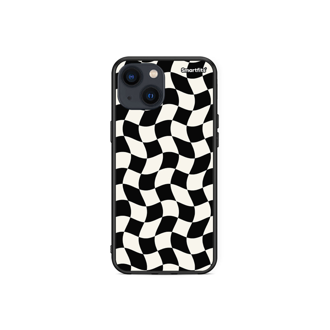 Θήκη iPhone 13 Mini Black and Cream Wavy Checkerboard από τη Smartfits με σχέδιο στο πίσω μέρος και μαύρο περίβλημα | iPhone 13 Mini Black and Cream Wavy Checkerboard case with colorful back and black bezels