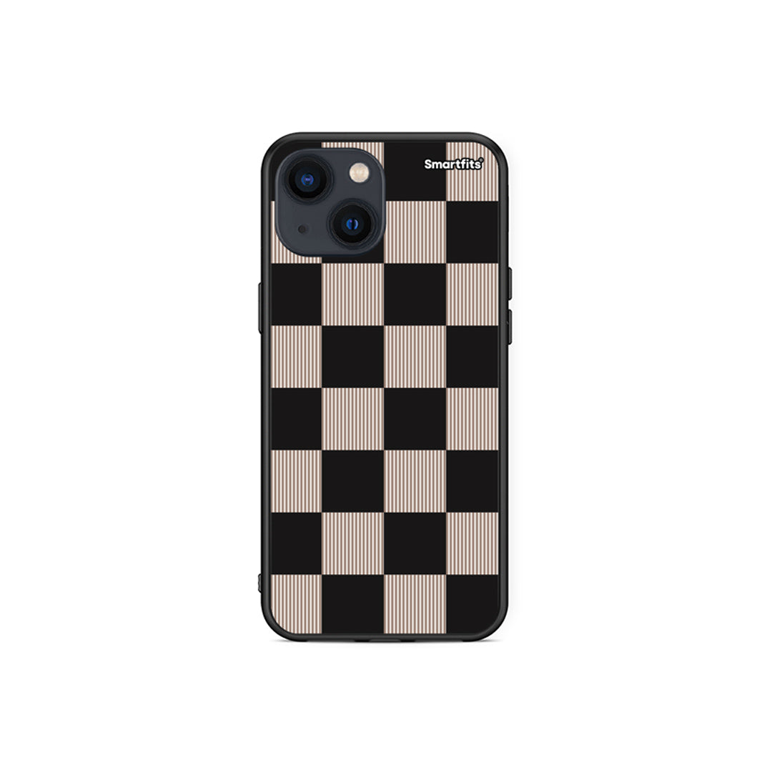 Θήκη iPhone 13 Mini Black and Taupe Striped Checks από τη Smartfits με σχέδιο στο πίσω μέρος και μαύρο περίβλημα | iPhone 13 Mini Black and Taupe Striped Checks case with colorful back and black bezels