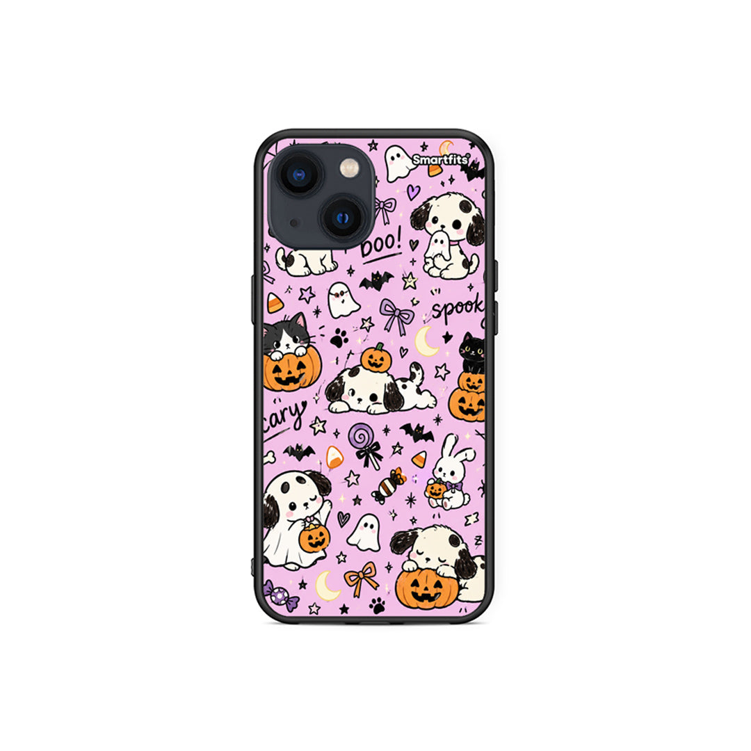 Θήκη iPhone 13 Mini Halloween Puppies and Friends on Lilac από τη Smartfits με σχέδιο στο πίσω μέρος και μαύρο περίβλημα | iPhone 13 Mini Halloween Puppies and Friends on Lilac case with colorful back and black bezels