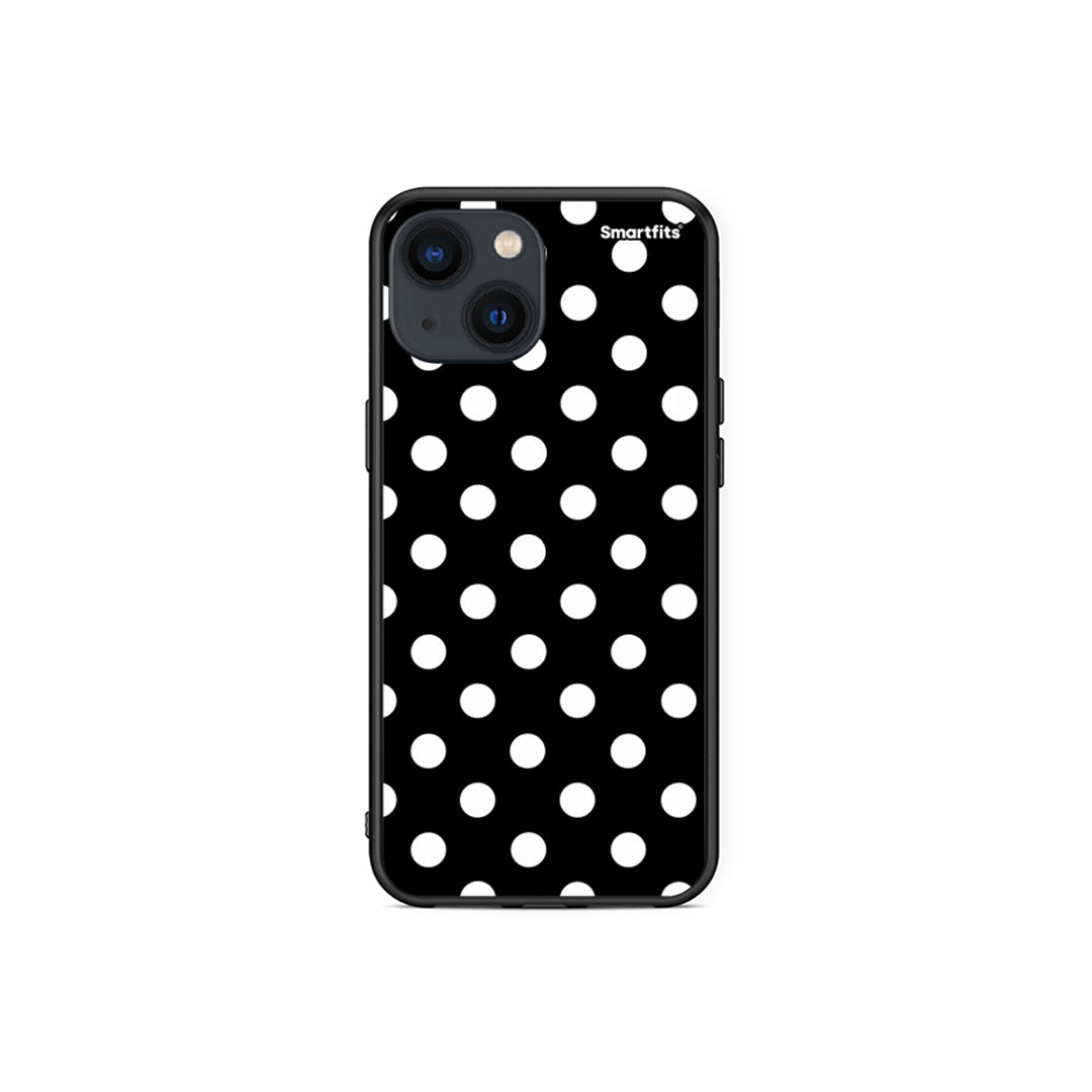 Θήκη iPhone 13 Mini White Polka Dots on Black από τη Smartfits με σχέδιο στο πίσω μέρος και μαύρο περίβλημα | iPhone 13 Mini White Polka Dots on Black case with colorful back and black bezels