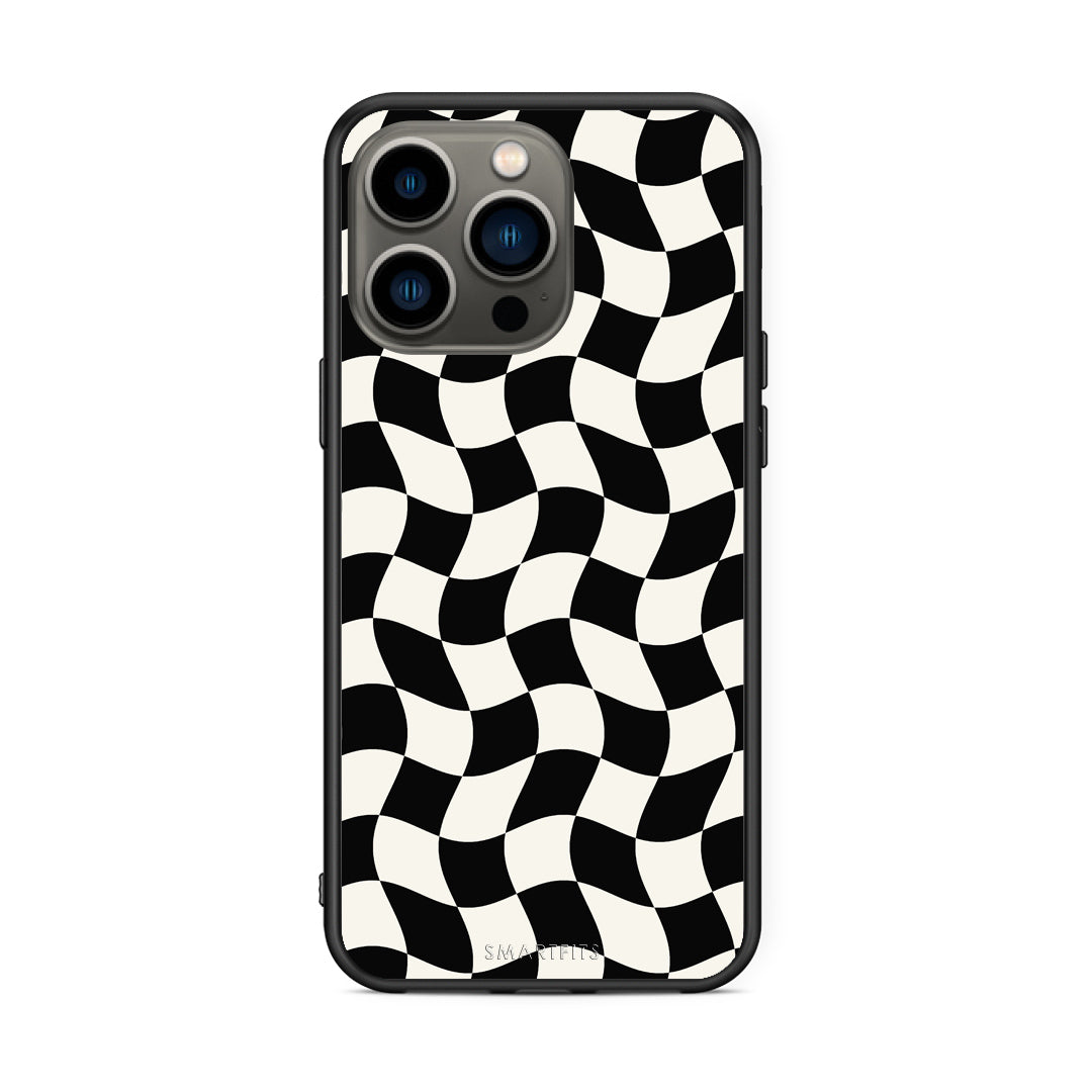 Θήκη iPhone 13 Pro Black and Cream Wavy Checkerboard από τη Smartfits με σχέδιο στο πίσω μέρος και μαύρο περίβλημα | iPhone 13 Pro Black and Cream Wavy Checkerboard case with colorful back and black bezels
