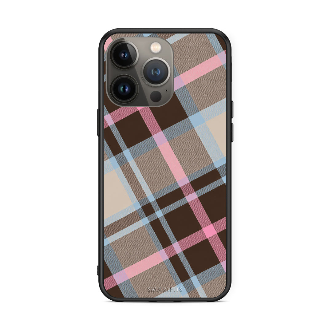 Θήκη iPhone 13 Pro Max Brown Pink and Blue Diagonal Plaid από τη Smartfits με σχέδιο στο πίσω μέρος και μαύρο περίβλημα | iPhone 13 Pro Max Brown Pink and Blue Diagonal Plaid case with colorful back and black bezels