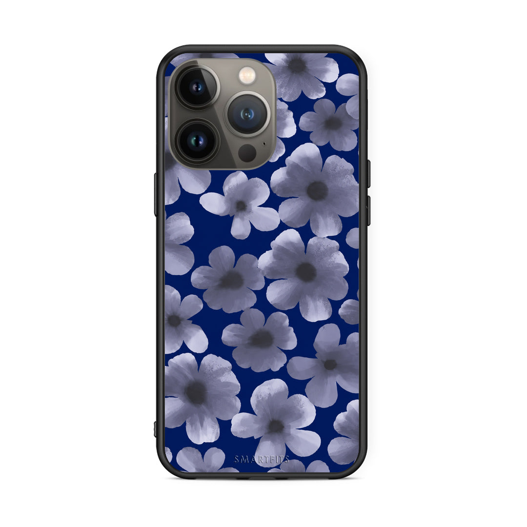Θήκη iPhone 13 Pro Max Pale Blue Flowers on Navy από τη Smartfits με σχέδιο στο πίσω μέρος και μαύρο περίβλημα | iPhone 13 Pro Max Pale Blue Flowers on Navy case with colorful back and black bezels