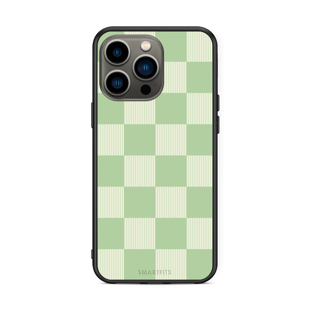 Θήκη iPhone 13 Pro Sage and Cream Striped Checks από τη Smartfits με σχέδιο στο πίσω μέρος και μαύρο περίβλημα | iPhone 13 Pro Sage and Cream Striped Checks case with colorful back and black bezels