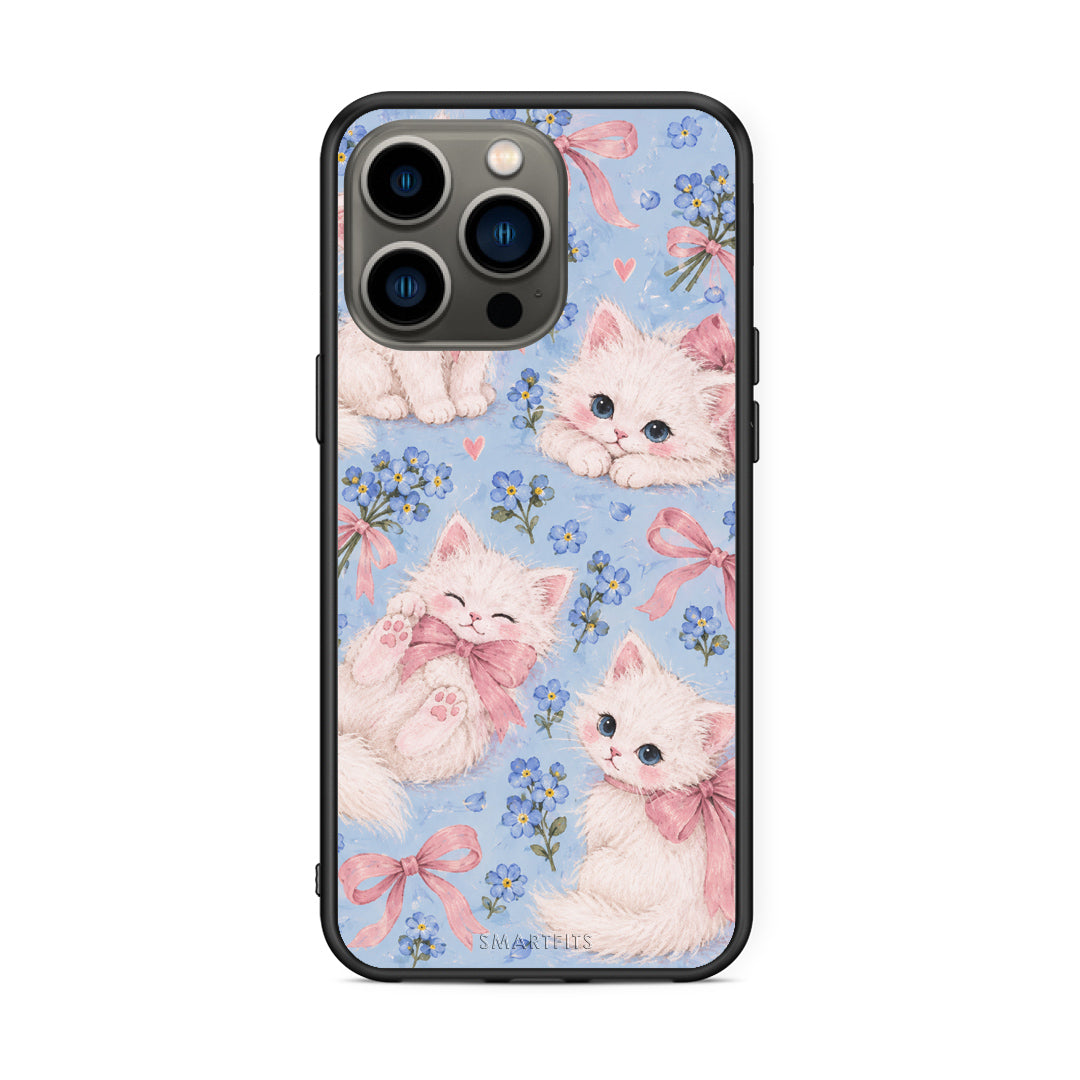 Θήκη iPhone 13 Pro White Kittens and Blue Flowers Large από τη Smartfits με σχέδιο στο πίσω μέρος και μαύρο περίβλημα | iPhone 13 Pro White Kittens and Blue Flowers Large case with colorful back and black bezels