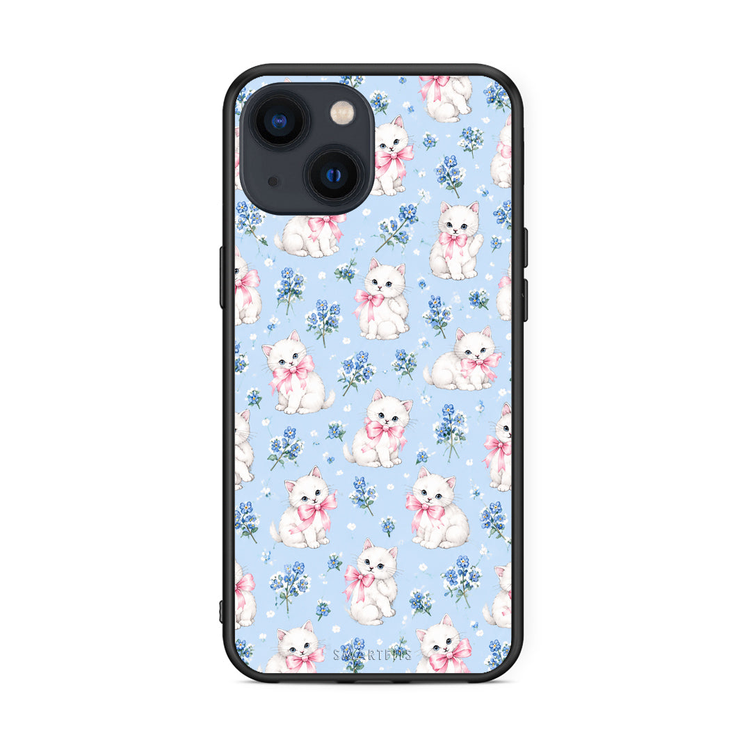 Θήκη iPhone 13 White Kittens and Blue Flowers Small από τη Smartfits με σχέδιο στο πίσω μέρος και μαύρο περίβλημα | iPhone 13 White Kittens and Blue Flowers Small case with colorful back and black bezels