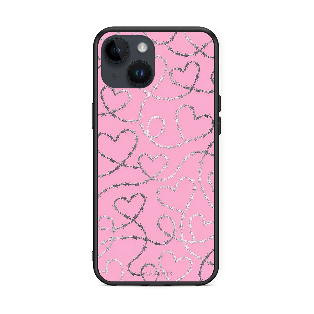 Θήκη iPhone 15 Barbed Wire Hearts on Pink από τη Smartfits με σχέδιο στο πίσω μέρος και μαύρο περίβλημα | iPhone 15 Barbed Wire Hearts on Pink case with colorful back and black bezels