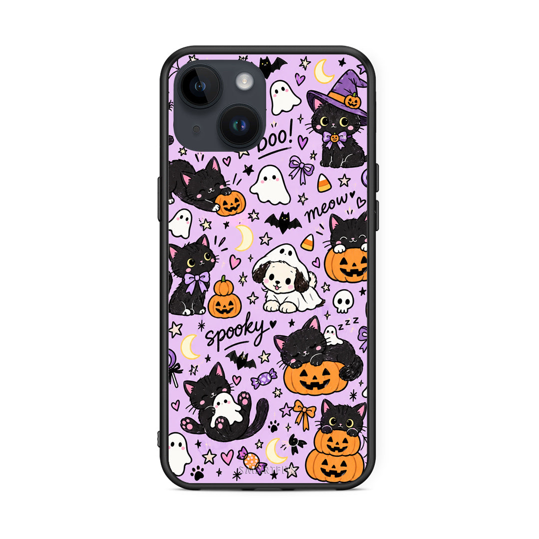 Θήκη iPhone 15 Halloween Black Cats on Lilac από τη Smartfits με σχέδιο στο πίσω μέρος και μαύρο περίβλημα | iPhone 15 Halloween Black Cats on Lilac case with colorful back and black bezels
