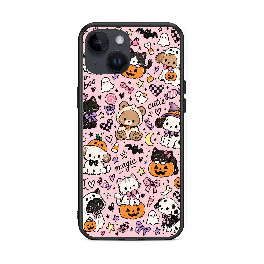 Θήκη iPhone 15 Halloween Cute Animals on Pink από τη Smartfits με σχέδιο στο πίσω μέρος και μαύρο περίβλημα | iPhone 15 Halloween Cute Animals on Pink case with colorful back and black bezels