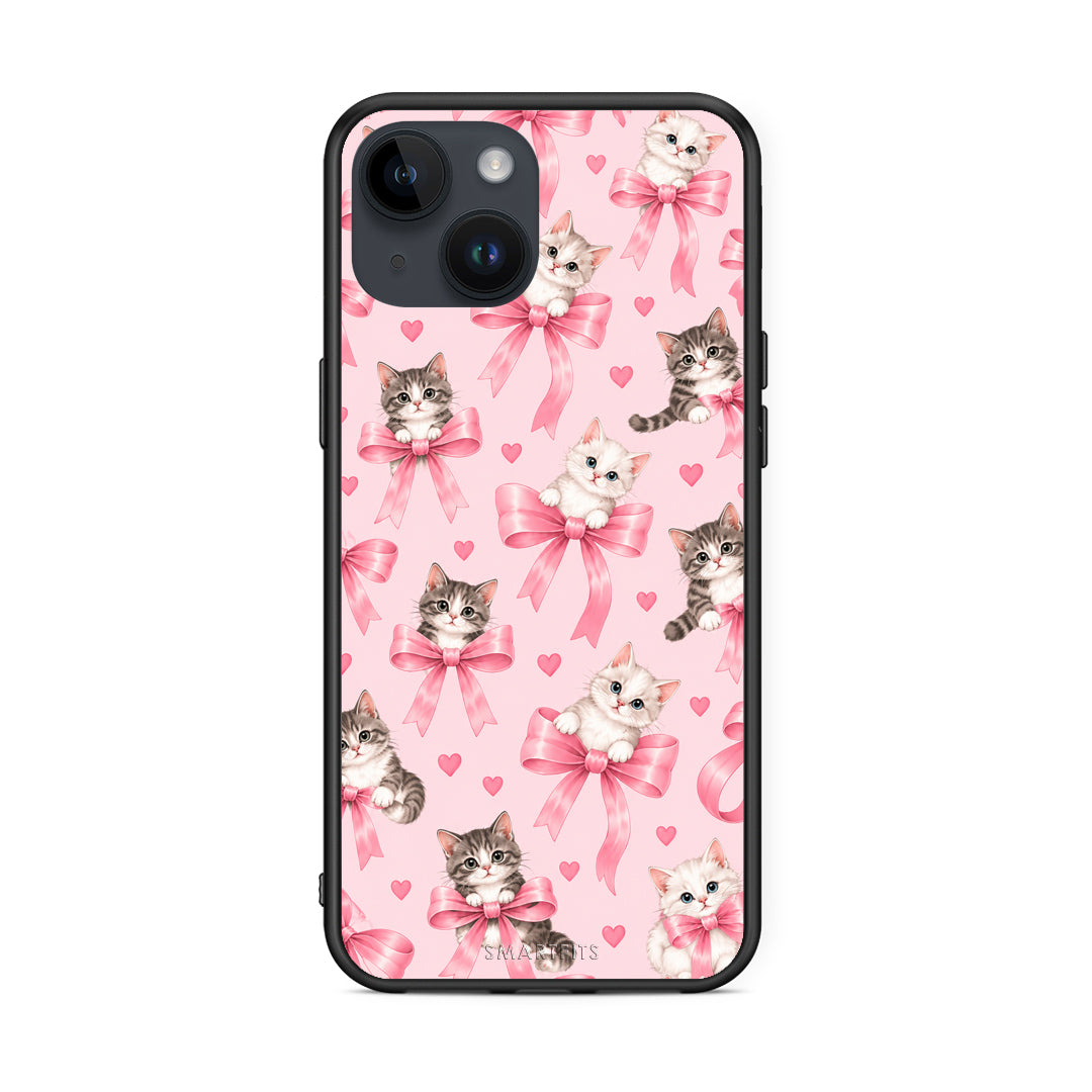 Θήκη iPhone 15 Kittens and Pink Bows on Pink από τη Smartfits με σχέδιο στο πίσω μέρος και μαύρο περίβλημα | iPhone 15 Kittens and Pink Bows on Pink case with colorful back and black bezels