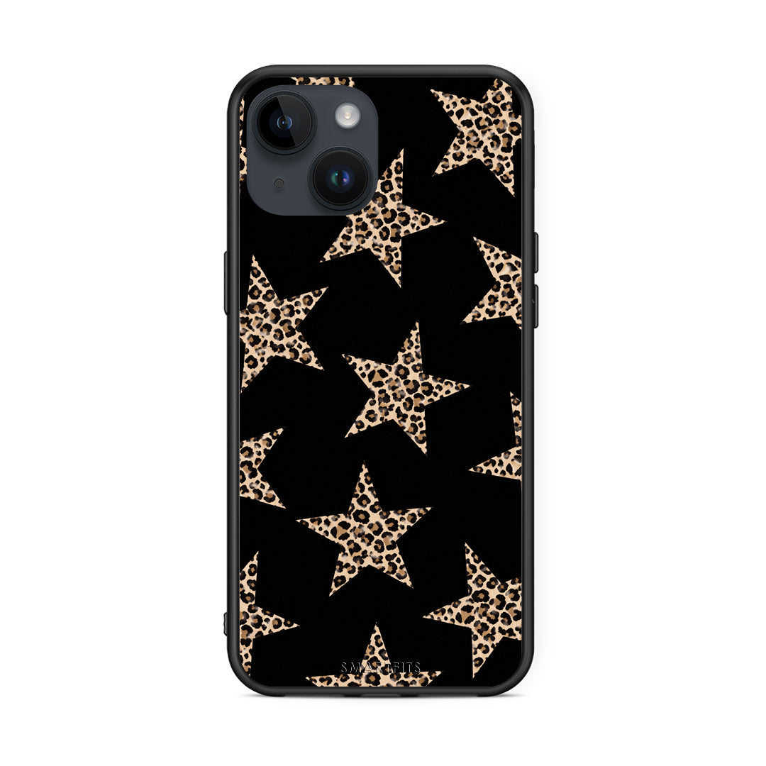 Θήκη iPhone 15 Leopard Stars on Black από τη Smartfits με σχέδιο στο πίσω μέρος και μαύρο περίβλημα | iPhone 15 Leopard Stars on Black case with colorful back and black bezels