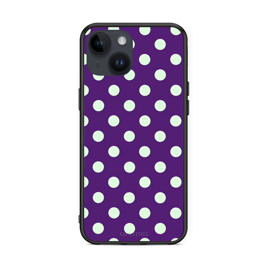 Θήκη iPhone 15 Mint Polka Dots on Purple από τη Smartfits με σχέδιο στο πίσω μέρος και μαύρο περίβλημα | iPhone 15 Mint Polka Dots on Purple case with colorful back and black bezels