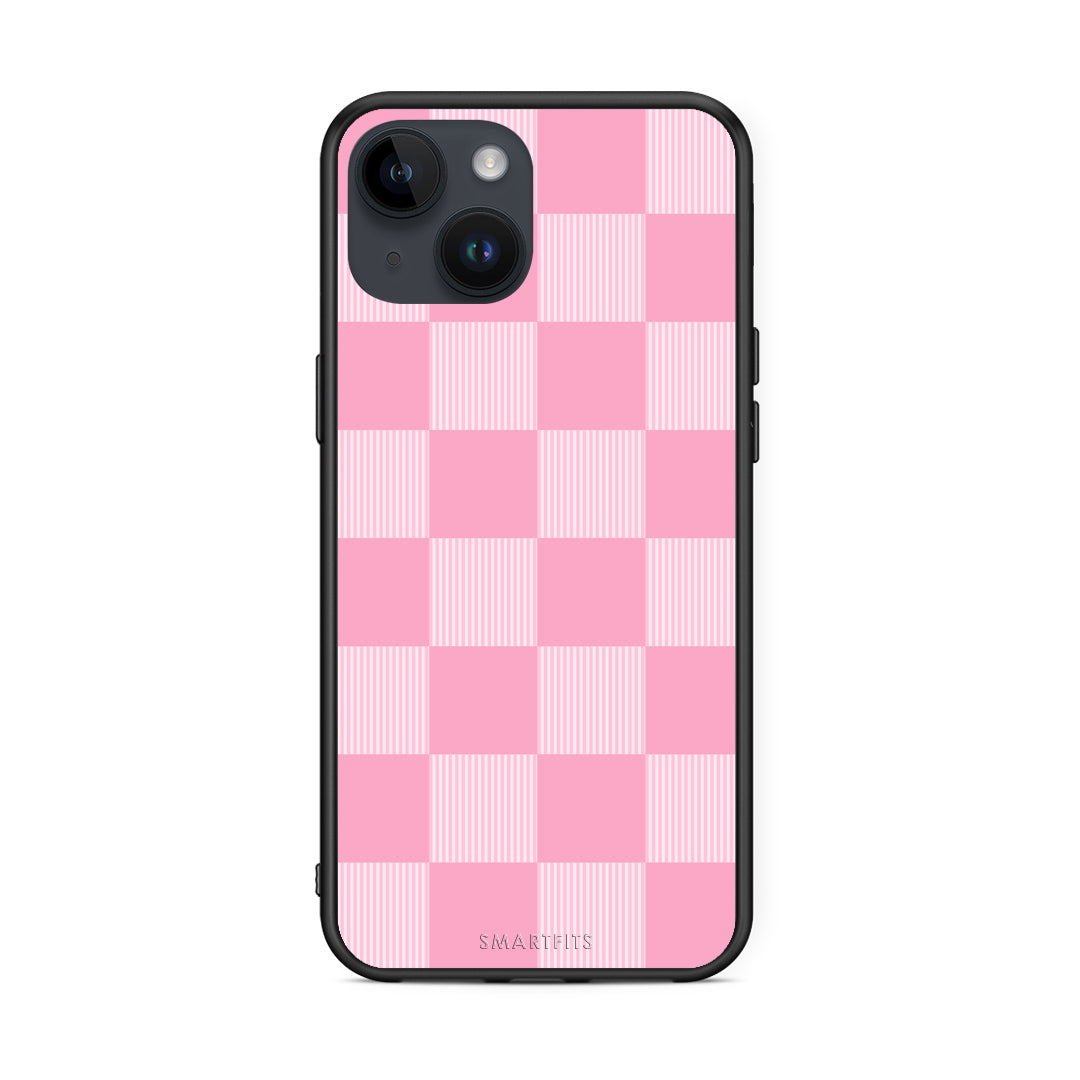Θήκη iPhone 15 Pink and White Striped Checks από τη Smartfits με σχέδιο στο πίσω μέρος και μαύρο περίβλημα | iPhone 15 Pink and White Striped Checks case with colorful back and black bezels