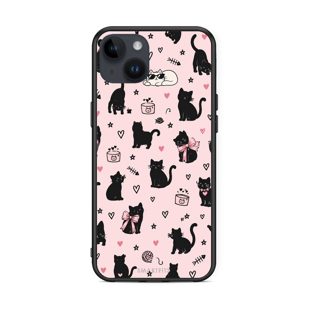 Θήκη iPhone 15 Plus Black Cat Doodles on Pink από τη Smartfits με σχέδιο στο πίσω μέρος και μαύρο περίβλημα | iPhone 15 Plus Black Cat Doodles on Pink case with colorful back and black bezels